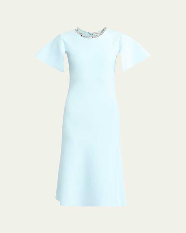 Crystal Neck Short-Sleeve Knit Midi Dress